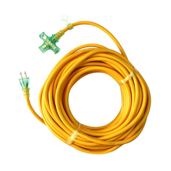 【商品説明】通電状態を知らせるパイロットランプ内蔵の延長コードです。【用途】15A3ッ口20メートル屋内型延長コード。【機能・特長】耐寒性に優れたやわらかい電線を使用した延長コードです。環境にやさしい鉛フリー製品です。通電状態を知らせるパイロットランプ付きです。【材質】導体：銅線。栓刃：黄銅。被覆：塩化ビニル。【仕様】●定格：15A・125V。●コンセント：2PX3ツ口。●色：黄。●電線サイズ：VCT2芯X1.25sq。●長さ：20M。●屋内用。【注意事項】このコードは合計1500W以下で使用して下さい。この製品は屋内型です(屋外・湿気の多い場所では決して使用しないで下さい)。濡れた手でのプラグなどの抜き差しは決してしないで下さい。プラグはきっちりと差し込んでお使いください(接触不良で発熱する原因となります)。コードは束ねて使用したり、上から物を載せないで下さい(焼損の恐れがあり、火災の原因になります)。