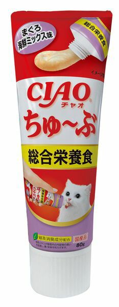 【商品説明】●飼い主さんの与えたい分だけ出して使用できるチューブタイプ。●原材料：まぐろ、鶏脂、魚介類エキス(ほたて、かつお節、まぐろ)、糖類(オリゴ糖等)、植物性油脂、増粘剤(加工でん粉)、ミネラル類、(Ca、Cu、Mn、Zn、I、Fe、Na、P、Cl、K)、増粘多糖類、ビタミン類(A、E、B1、B2、B6、K、コリン、ビオチン、葉酸)、調味料(アミノ酸等)、紅麹色素、タウリン、緑茶エキス●保証成分：たんぱく質7.0％以上、脂質3.8％以上、粗繊維0.5％以下、灰分3.0％以下、水分85.0％以下●エネルギー：約75kcal/本●賞味期限：24ヶ月●原産国または製造地：日本猫 おやつ 間食 ちゅーる ちゅ〜る チュール ペースト 液体 チューブ 大容量