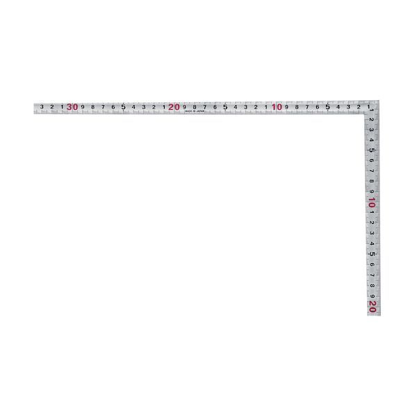 【商品説明】用途●寸法測定、直角確認に特徴●対象物にフィットしてケガキやすい角部同厚タイプです。●1mm単位の目盛が見やすい階段状目盛です。●cm目盛は、くり返し数字です。●角が同じ厚さでケガキやすいです。●高所作業に最適なセーフティロープ取付穴付です。仕様●角部：同厚●呼び寸法(cm)：30●長手(妻手)x巾x厚さ(mm)：320(160)x15x1.3●表目盛(cm)：長手・外30内30(外基準)、妻手・外15内15(外基準)●裏目盛(cm)：長手・外30内30(外基準)、妻手・外15内