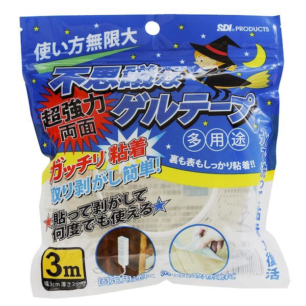 【商品説明】●何度でも貼って剥がせるテープです。●接着面が少し汚れても水で洗えば接着力がよみがえります。●また使用目的に応じてカットできるので無駄なく使えます。●取り付け可能な所：タイル面、平らな大理石、木製品、プラスチック、鏡面、ガラス板、金属面その他、平坦面から凸凹面まで様々な所で使用できます。●本品を壁紙などの柔らかい素材面を十分保護してからご使用ください。●ゲルテープを剥がす際に、壁紙などの柔らかい素材が破損する可能性がございます。●落下して壊れる物へは使用しないでください。一切の責任を負いかねます。【商品用途】●固定用途に。● 滑り止め用途に。【注意】●軟質素材、ゴム、シリコーン、フッ素処理面、材質の弱い面、PP素材、PE素材等の表面の状態によって張り合わせにくいものがあります。●接着物を取り外す際は、捻るようにすると取り外しやすいです。●ゲルテープは、剥がす時に大きく伸びたり、切れたりしますので慎重に剥がしてください。●気温10℃以下では接着しにくくなりますのでドライヤーなどでテープと貼る物、貼る場所を温めた上で使用ください。●壊れやすいものには使用しないでください。●直射日光や火気まわり、高温な場所は避けてください。【仕様】●耐荷重：3cm×10cm 1kg以下(目安※貼付け面の素材により変化いたします)●使用可能温度：約−10度〜約70度【カラー】●透明【商品サイズ】●厚み：2mm●幅：30mm●長さ：3m【材質】●本体/透明アクリルゴム・巻き芯/PE●剥離フィルム/PET脱着 一時保持 保持テープ