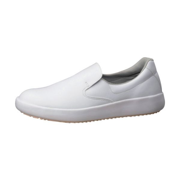 【商品説明】【特長】●靴底パターンを斜めに配置し、前後だけでなく横・斜め方向へのグリップ力を強化しました。●グレーチングのような硬い金属面や凹凸のあるタイル等、様々な床材で耐滑性能を発揮します。●交換目安が分かる「スリップサイン」付で、靴底のすり減りによる耐滑機能低下をお知らせします。●抗菌・防臭加工のインソールを使用しています。【用途】●食品工場●厨房●食堂●清掃作業【仕様】●寸法(cm)：25.5●色：ホワイト●足幅サイズ：EEE【材質／仕上】●甲被:人工皮革／合成皮革●靴底:EVA/合成ゴム●中敷:EVAインソール（抗菌・防臭）【注意】●つま先保護性能（先芯装備）はありません。