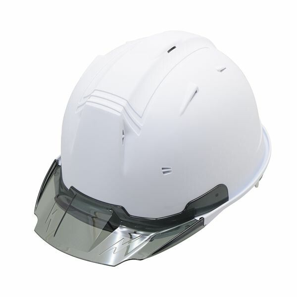 【商品説明】●白/マット塗装●通気孔付●飛来落下物用・墜落時保護用●内装：SS-19V型-内装・S-19Vスチロール・ラチェット式調整システム・タオルバンド標準装備【仕様・規格】●本体サイズ：W295×H219×T156（バイザー含む）●重量：約410g●バイザースモークBタイプ●着サイズ／最大61cm●S式ワンタッチビニールあご紐・S-8Wビニール耳紐／艶消し黒