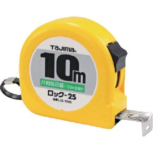 （株）TJMデザインメーカーお問い合わせ：0120-125577【特長】●尺相当目盛付です。●テープを固定できる、ロックタイプです。●0点補正移動爪です。●ショックアブソーバー付です。【仕様】●テープ長さ(m)：10●テープ幅(mm)：25●水平保持(m)：2.1【仕様2】●ベルトフック付【材質／仕上】●テープ：スチール【注意】●本製品には通電性があります。感電に注意して下さい。●テープのエッジで手を切る恐れがありますので、手袋を着用して下さい。●本製品には通電性があります。●感電に注意して下さい。【原産国】中国