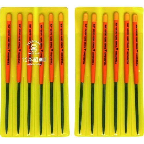 ツボサンメーカーお問い合わせ：0823-79-5121【特長】●目立てが鋭く、耐久性に優れています。全面に刃が刻まれています。●03(細目)　1cm当たり35cutの目が刻まれています。【用途】●鉄をはじめ、あらゆる金属の加工に。【仕様】●タイプ：12本組 細目●全長(mm)：170●刃長(mm)：70●刃幅(mm)：4●形状：三角【材質／仕上】●炭素工具鋼(SK-2)【注意】●組ヤスリの5本組〜12本組は全長を表します。5本組=215mm　8本組=200mm　10本組=185mm　12本組=170mm●目詰まりした場合はブラシ等で取り除いてお使いください。【原産国】日本