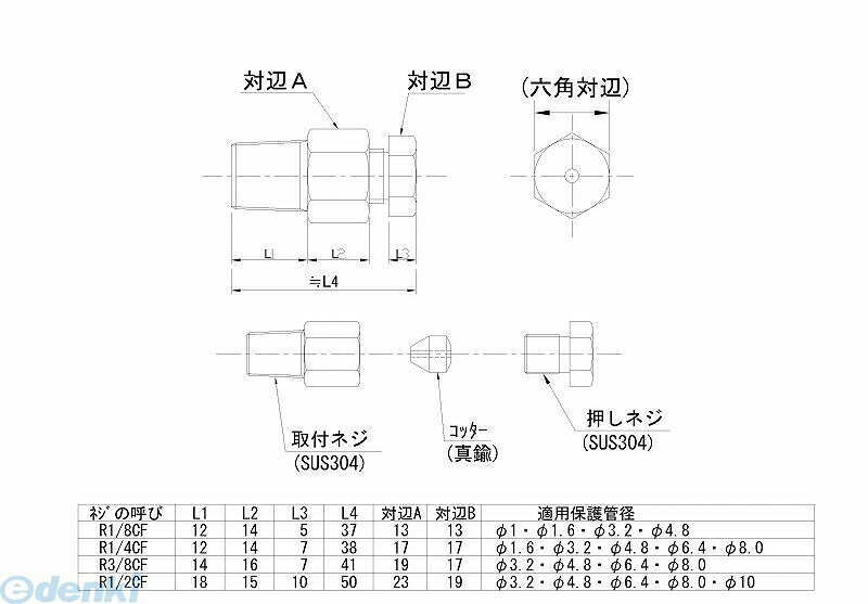 【商品説明】R3／8　コンプレッションフィッティング【仕様】 取付ネジ：SUS304　コッター：真鍮　押しネジ：SUS304【特長】気密性はありません。