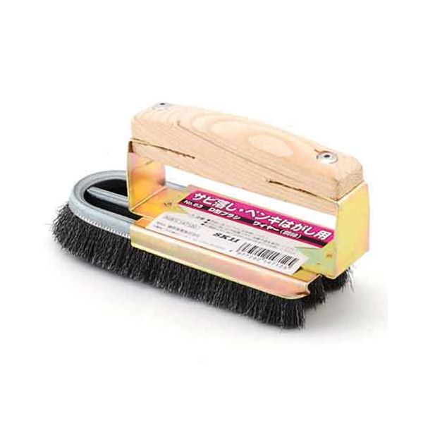 【用途】サビ落とし・ペンキはがし。【機能・特徴】強弾力性ワイヤーブラシの標準です。サビはがし・ペンキはがしに使えます。【仕様】●タイプ：D型。●毛材：ワイヤー鋼線・3行。●柄：木。【注意事項ほか】用途に合わせたブラシをお使いください。安全のために必ず保護メガネ・保護手袋を着用してください。金属線は手に刺さる恐れがありますので注意してください。大工道具 砥石ペーパー ワイヤーブラシ類