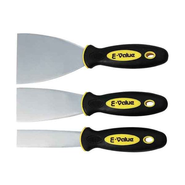 【用途】ペンキはがし、サビ落とし、汚れ落とし用。【機能・特徴】にぎりやすく、すべりにくいソフトグリップです。【仕様】●刃幅：25・50・75mm。●3本組。●刃部：ステンレス。大工道具 内装ツール 鉄製スクレーパー