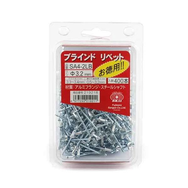 【用途】部材と母材の締結。【機能・特徴】ハンドリベッター用のブラインドリベットです。フランジ(リベット本体)はアルミ製でサビに強くなっています。業務用サイズの400本入りです。【仕様】●リベット径：3.2mm。●下穴寸法：3.3〜3.4mm。●締付可能板厚：0.5〜3.2mm。●引張強度：140kg。●剪断強度：90kg。●入数：400本入。●フランジ：アルミ。●シャフト：スチール。【注意事項ほか】作業時は保護メガネを着用してください。作業工具 クランプバイス DIY クランプバイス