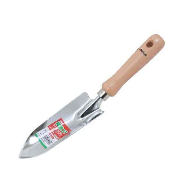 【用途】スコップ。【機能・特徴】穴掘り、土すくい用です。【仕様】●刃部：ハードクロームメッキ処理。●目盛付。●刃部：刃物鋼。●柄部：木。【注意事項ほか】本来の用途以外には使用しないで下さい。使用前には本体あるいは部品にがたつき・緩みが無いことを確認してください。使用の際には保護めがね・手袋などを着用してください。園芸道具 移植コテ スコップ