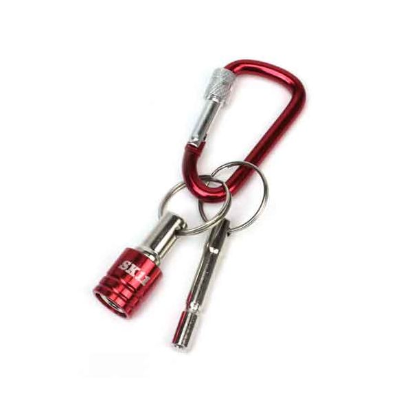 【用途】先端工具、キー等の落下防止。【機能・特徴】ホルダーの着脱方向を反対にすることで不意の脱落を防ぎます。ネジ式ロック付カラビナ小を採用しておりますので、不意の脱落防止はもちろん、取付ける場所も選びません。軽量アルミ製で安心設計なネジ式ロック付カラビナです。【仕様】●6.35mm軸。●軽量アルミ製ネジ式ロック付カラビナ。●色：レッド。●ネジ式ロックカラビナ・クイックホルダー：アルミ。●キーリング・キーアダプター：スチール。●ロックカラビナ・クイックホルダー・キーアダプター。【注収納用品 ツールフック ビットホルダー