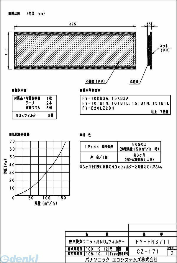 (LINEクーポン有)パナソニック電工 Panasonic FY-FN3711 気調システム FYFN3711 気調システム関連部材 NOXフィルター 熱交換気ユニット用NOXフィルター 換気関連商品 換気扇