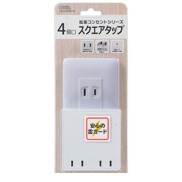 オーム電機0120-963-006【商品説明】特　徴●拡張コンセントシリーズ スクエアタップ 雷ガード●壁コンセントを包み込むような一体感のあるデザインで、既存の壁コンセントの個数を増設●本体まるごと熱に強いPBT樹脂使用で難燃・耐熱ボディ●絶縁カバーがトラッキング火災を防止●雷サージ軽減素子内蔵仕　様■コンセント：4個口■1500W以下■ バリスタ電圧：390V、制限電圧：650V、最大サージ電圧：4000V≪ご注意≫※壁面から高さ（厚さ）8mm以上のコンセントに対して取り付ける仕様になっています取り付ける壁コンセントの高さを確認（測定）願います8mm以下の場合、取り付け後にすきまが発生してしまう事が考えられます、安全の為に十分注意願います4971275069046