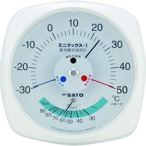 佐藤計量器製作所メーカーお問い合わせ：06-6944-0921【特長】●最高・最低温度と現在の温度と湿度が一目でわかる便利な温湿度計です。【用途】●温室、ビニールハウスなどの温湿度管理の目安に。【仕様】●測定温度範囲(℃)：-30〜50●測定湿度範囲(%RH)：25〜95●温度最小表示(℃)：2●幅(mm)：180●奥行(mm)：35●高さ(mm)：180●湿度最小表示(%RH)：5●測定項目：温度、湿度●寸法(mm)：W180×H180×D35【仕様2】●壁掛け型【材質／仕上】●本体材質:ABS樹脂、アクリル樹脂(透明板)【原産国】日本