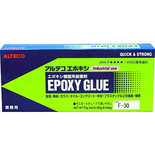 アルテコメーカーお問い合わせ：0726-27-1617【特長】●2液混合エポキシ接着剤です。●30分硬化で接着強度の立上りに優れます。●JAIA F☆☆☆☆/ 4VOC 基準適合●各種含有調査 対応可【用途】●金属・ガラス・陶器・木・プラスチックの接着に。【仕様】●色：乳白色(硬化後)●色(主剤/硬化剤)：乳白色/白色透明●容量(g)：1000（主剤：500g/硬化剤：500g）●粘度：高粘度液状(主剤・硬化剤共通)●可使時間(分)：20●硬化時間(分)：30●使用温度範囲(℃)：5℃〜60℃●縦(mm)：120●高さ(mm)：60●横(mm)：290【仕様2】●チューブタイプ（ラミチューブ）●硬化時間(25℃)：30分●可使時間(25℃)：20分【材質／仕上】●主成分：エポキシ樹脂【セット内容／付属品】●チューブ本体（主剤/硬化剤）●セット箱【注意】●皮フ・指などに着いた場合、すぐにふき取り、せっけんと水や湯水でよく洗い流してください。●目に入った場合、直ぐに大量の水で洗い流しただちに眼科医の診断を受てください●混合、注入、塗布、接着工程などの作業場には、局所排気装置を設置し環境を整えてください。【原産国】日本