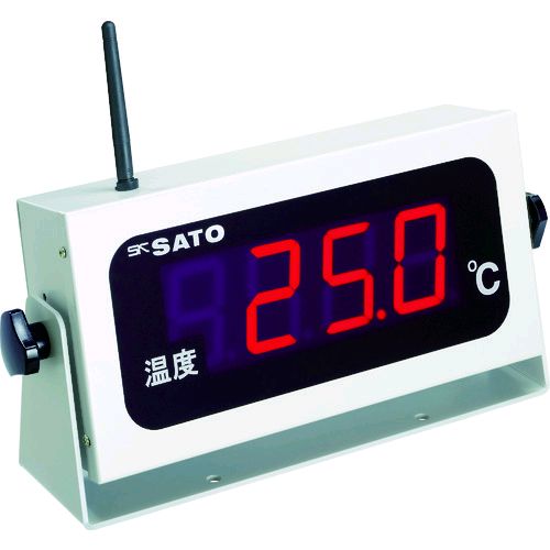 佐藤計量器製作所メーカーお問い合わせ：06-6944-0921【特長】●コードレスタイプのLED（文字高57mm）温度表示器です。●上下限警報出力を標準装備しています。●見通し距離で約70mの無線通信が可能です。●配線が不要なため設置が容易です。●指示計部とセンサ部は完全互換性で交換などのメンテナンスが容易です。【用途】●工場や大きな部屋の温度管理に。【仕様】●測定温度範囲(℃)：-50.0〜199.9●温度最小表示(℃)：0.1●温度表示範囲(℃)：-50.0〜199.9●幅(mm)：350●奥行(mm)：85●電源：AC100〜240V 50/60Hz 0.3A(ACアダプタ付属)●高さ(mm)：165【仕様2】●センサ別売【注意】●本器は日本国内専用です。海外でのご使用はできません。【原産国】日本