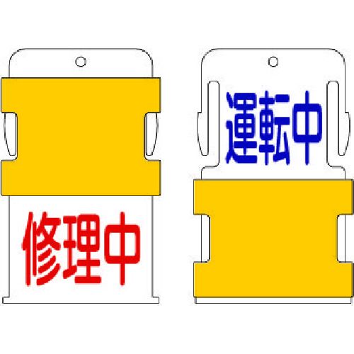 【特長】●ワンタッチでカバー上部を上下に動かす事ができ、表示を切り替えることができます。【仕様】●表示内容：運転中修理中(運転中-青文字/修理中-赤文字)●縦(mm)：80●横(mm)：50●厚さ(mm)：7【仕様2】●厚さ：7mm●上部穴...