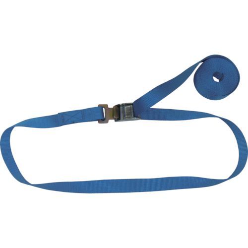 【特長】●高強力ポリエステル糸を使用していますので耐候性・耐久性に優れています。【用途】●軽負荷の荷締め作業。【仕様】●最大使用荷重(t)：0.15●ベルト長さ(m)巻取側：4●ベルト寸法(mm)幅×厚さ：25×1.4●色：ブルー【仕様2】●エンドレスフックタイプ●カムバックル式●破断強度(kN)：6【材質／仕上】●ベルト：ポリエステル●カムバックル：亜鉛合金●フラットフック：スチール【注意】●玉掛け作業には使用しないでください。●酸・アルカリ等の化学薬品が付着する恐れがある場合には使用しないでください。●100℃以上の高温では使用できません。50℃〜100℃で使用する場合は、使用荷重を半分として、使用してください。【原産国】日本