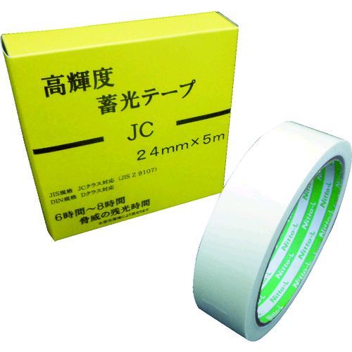 【特長】●防災用途に開発されたテープです。●蛍光灯や太陽光などの光を蓄えて、暗闇で発光する事で目印となります。●マイナス20℃〜70℃の幅広い温度環境でご使用頂けます。●最上級のJIS規格（JC級）、および最上級のDIN規格（D級）をはるかに上回る発光力を有します。【用途】●停電時の避難誘導（手すりや段差、壁面・床面など）。●重要箇所の目印（分電盤・ドア・消火器・懐中電灯など）。【仕様】●色：グリーン●幅(mm)：24●厚さ(mm)：0.3●長さ(m)：5●視認可視時間(h)：6〜8時間●粘着力(N/mm)：29N/25mm【仕様2】●残光時間6〜8時間(使用環境によります。)●白色系LED対応【材質／仕上】●基材：PET　●粘着剤：アクリル系【原産国】日本