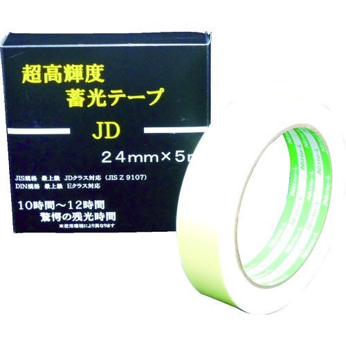 【特長】●防災用途に開発されたテープです。●蛍光灯や太陽光などの光を蓄えて、暗闇で発光する事で目印となります。●マイナス20℃〜70℃の幅広い温度環境でご使用頂けます。●最上級のJIS規格（JD級）、および最上級のDIN規格（E級）をはるかに上回る発光力を有します。●低照度環境（50ルクス程度）でも光を蓄え発光します。【用途】●停電時の避難誘導（手すりや段差、壁面・床面など）。●重要箇所の目印（分電盤・ドア・消火器・懐中電灯など）。【仕様】●色：グリーン●幅(mm)：24●厚さ(mm)：0.6●長さ(m)：5●視認可視時間(h)：10〜12時間●粘着力(N/mm)：29N/25mm【仕様2】●残光時間10〜12時間(使用環境によります。)●白色系LED対応【材質／仕上】●基材：PET●粘着剤：アクリル系【原産国】日本