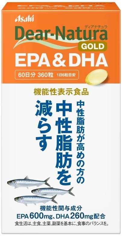 商品情報商品説明●本品にはエイコサペンタエン酸（EPA）、ドコサヘキサエン酸（DHA）が含まれます。中性脂肪を減らす作用のあるEPA、DHAは、中性脂肪が高めの方の健康に役立つことが報告されています。機能性関与成分：エイコサペンタエン酸（EPA）、ドコサヘキサエン酸（DHA）お召し上がり方1日6粒を目安に、かまずに水またはお湯とともにお召し上がりください。原材料名EPA含有精製魚油　ゼラチン、グリセリン、酸化防止剤（ビタミンE）栄養成分表示　　　　　1日摂取目安量（6粒）当たりエネルギー・・・26．54kcaLたんぱく質・・・0．92g脂質・・・2．46g炭水化物・・・0．18g食塩相当量・・・0g　（機能性関与成分）EPA・・・600mgDHA・・・260mg【アレルギー物質】：ゼラチン注意事項●本品は、疾病の診断、治療、予防を目的としたものではありません。●本品は、疾病に罹患している者、未成年者、妊産婦（妊娠を計画している者を含む。）及び授乳婦を対象に開発された食品ではありません。●疾病に罹患している場合は医師に、医薬品を服用している場合は医師、薬剤師に相談してください。●体調に異変を感じた際は、速やかに摂取を中止し、医師に相談してください。●一日摂取目安量を守ってください。●体調や体質により、まれに発疹などのアレルギー症状が出る場合があります。●小児の手の届かないところにおいてください。●保管環境によってはカプセルが付着する場合がありますが、品質に問題ありません。発売元アサヒグループ食品文責株式会社IDKこの商品は 機能性表示食品 ディアナチュラ ゴールド EPA＆DHA 360粒 60日分 Dear-Natura GOLD 中性脂肪 　サプリ サプリメント アサヒグループ食品 ポイント 中性脂肪が高めの方の中性脂肪を減らす！ ショップからのメッセージ 納期について 4