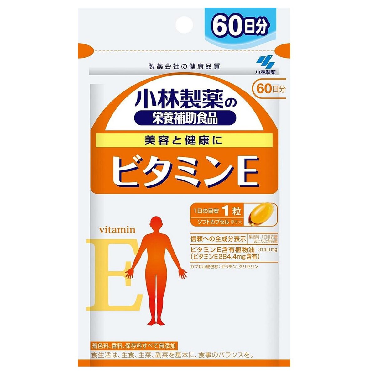 商品情報商品説明製薬会社の健康品質。着色料、香料、保存料すべて無添加。美容と健康に。抗酸化作用により、体内の脂質の酸化を防いで体を守る働きがあります。召し上がり方1日1粒を目安に、かまずに水またはお湯とともにお召し上がりください。原材料名ビタミンE含有植物油314mg（ビタミンE284．4mg含有）。着色料、香料、保存料すべて無添加。栄養成分表示1日目安量（1粒）あたりエネルギー・・・3.4kcalたんぱく質・・・0.148g脂質・・・0.3g炭水化物・・・0.0054〜0.054g、g食塩相当量・・・0ビタミンE・・・284．4mgアレルギー表示ゼラチン内容量60粒【1粒重量494mg（内用液314mg）】保存方法直射日光を避け、湿気の少ない涼しい所に保存してください。使用上の注意●1日の摂取目安量を守ってください。●乳幼児・小児の手に届かない所に置いてください。●乳幼児・小児には与えないでください。●薬を服用中、通院中又は妊娠・授乳中の方は医師にご相談ください。●食物アレルギーの方は原材料名をご確認の上、お召し上がりください。●体質体調により、まれに体に合わない場合（発疹、胃部不快感など）があります。その際はご使用を中止ください。●カプセル同士がくっつく場合や、原材料の特性により色等が変化することがありますが、品質に問題はありません。製品お問い合わせ先小林製薬株式会社お電話でのお問い合わせ[受付時間] 9:00〜17:00(土・日・祝日は除く）健康食品 サプリメント：0120-5884-02販売元小林製薬文　責株式会社IDKこの商品は 小林製薬 ビタミンE 60日分 60粒 栄養補助食品 ビタミンE含有植物油 （国内製造） ゼラチン グリセリン 美容 健康 抗酸化 無添加 サプリ サプリメント ポイント 小林製薬/ビタミンE/ソフトカプセル/加齢/若さ/抗酸化サプリ/体内の脂質/酸化予防 ショップからのメッセージ 納期について 4