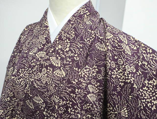 【IDnet】 小紋　ちりめん　型染め　古典文　Sサイズ　着物【リサイクル】【中古】【着】