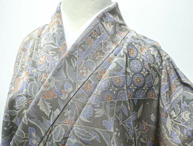 着物 更紗花文 小紋 伝統有芸士更清落款あり ☆ゆったり幅広サイズ