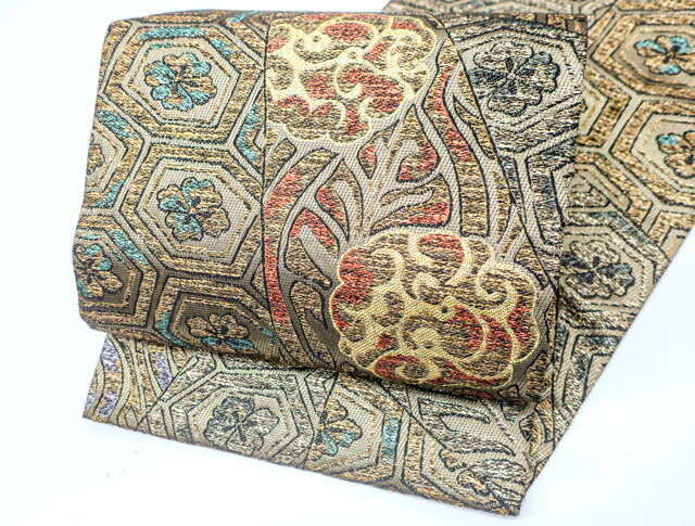 楽天スーパーセール☆最大70%OFF【IDnet】【着物】袋帯 裂取りに花亀甲文 24B-303【リサイクル】