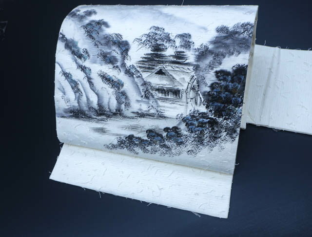 【IDnet】【着物】 九寸名古屋帯 ひげ紬 作家物 落款入り 墨絵 風景文様 24B-1074【リサイクル】