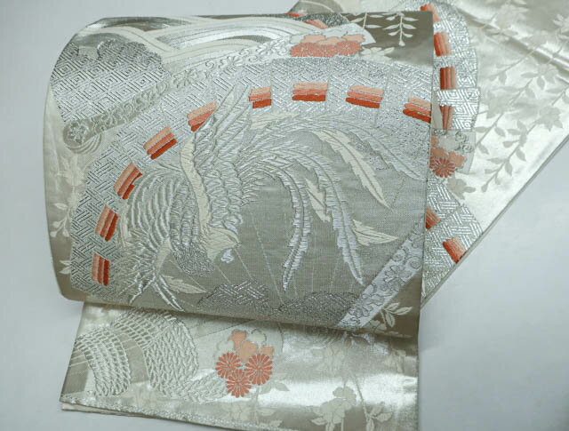 ビッグセール最大80%OFF【中古】 リサイクル着物 袋帯 扇子に鳳凰 花文様 銀糸 刺繍 24B-1322【リサイクル】IDnet