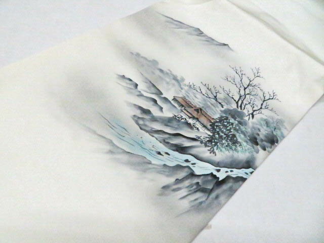 【IDnet】【着物】九寸名古屋帯 　作家物　遠山風景文　太鼓柄　落款　開き仕立て24b-2004【リサイクル】