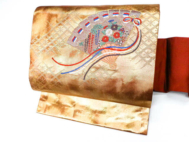 最大80%OFF【中古】 リサイクル着物 九寸名古屋帯 お太鼓柄 四次元箔 扇子に花文 24b-2261[仕立て上がり 和服 アウトレット リサイクル着物 カジュアル カジュアル帯 リサイクル帯 着付け教室 観劇 普段着 お食事会 お出掛け きもの] IDnet