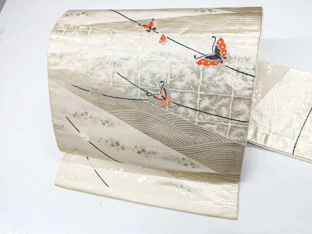 【中古】 リサイクル着物 九寸名古屋帯 西陣織 蝶に蛍文 24b-2479[仕立て上がり 和服 アウトレット リ..