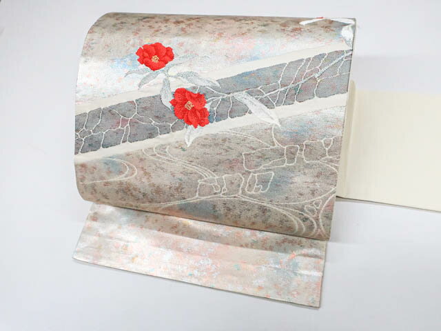 【IDnet】【着物】 九寸名古屋帯 お太鼓柄 花文 銀糸 24b-2485【リサイクル】【中古】