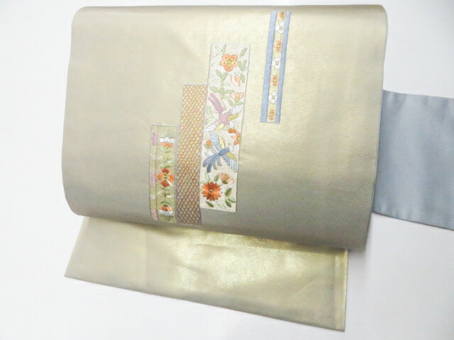 樂天商城 - 【中古】 リサイクル着物 九寸名古屋帯　太鼓柄　金糸　短冊に花喰い鳥文　未使用品　r7b01-16[仕立て上がり 和服 アウトレット リサイクル着物 カジュアル カジュアル帯 リサイクル帯 着付け教室 観劇 普段着 お食事会 お出掛け 通販 アイディーネット きもの] IDnet