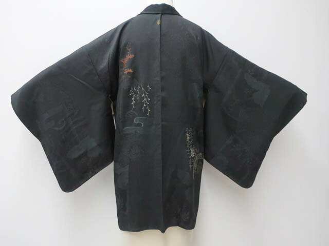 Haori - 【中古】 リサイクル着物 アンティーク 羽織 黒羽織 一つ紋 雲に草花文 羽織紐付き 身丈約79cm 裄丈約64cm 25z01-603【リサイクル】IDnet