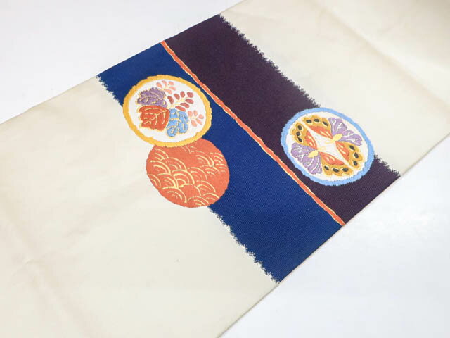 【IDnet】【着物】リサイクル着物九寸名古屋帯　太鼓柄　金糸　丸に蝶・桐文　25b02-320【リサイクル】