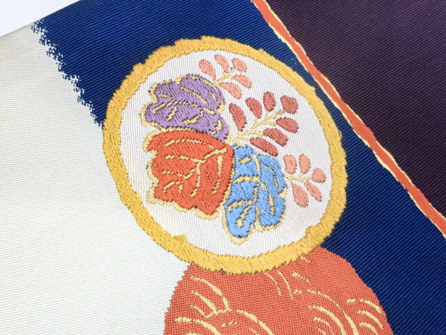 【IDnet】【着物】リサイクル着物九寸名古屋帯　太鼓柄　金糸　丸に蝶・桐文　25b02-320【リサイクル】