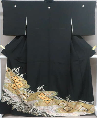 Kurotome - 【中古】 リサイクル着物 リサイクル着物 黒留袖 金駒刺繍 金彩 波に向鶴文 五つ紋 比翼仕立て 身丈約165cm 裄丈約65cm 25z02-933[リサイクル着物 黒留 結婚式 礼装 母 正装 通販 アイディーネット きもの]IDnet