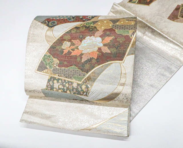 【中古】リサイクル着物 袋帯 螺鈿 お太鼓柄 金糸 扇面に花文 正絹 25b07-1267【リサイクル】 IDnet