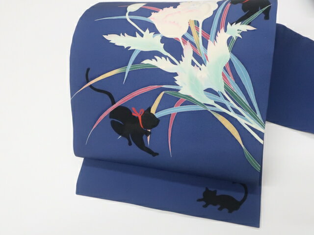 Nagoya Sash - 【中古】リサイクル着物 オリジナル 九寸名古屋帯 お太鼓柄 作家物 落款入り 猫に花 ネコ 正絹 sok7b09-45【リサイクル】 IDnet