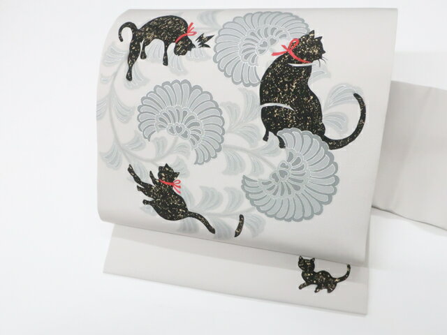 Rakuten - 【中古】リサイクル着物 オリジナル 九寸名古屋帯 お太鼓柄 猫に花 ネコ 金彩 正絹 sok7b09-47[リサイクル着物 仕立て上がり 和服 アウトレット カジュアル カジュアル帯 リサイクル帯 着付け教室 観劇 普段着 お食事会 お出掛け 通販 アイディーネット きもの] IDnet