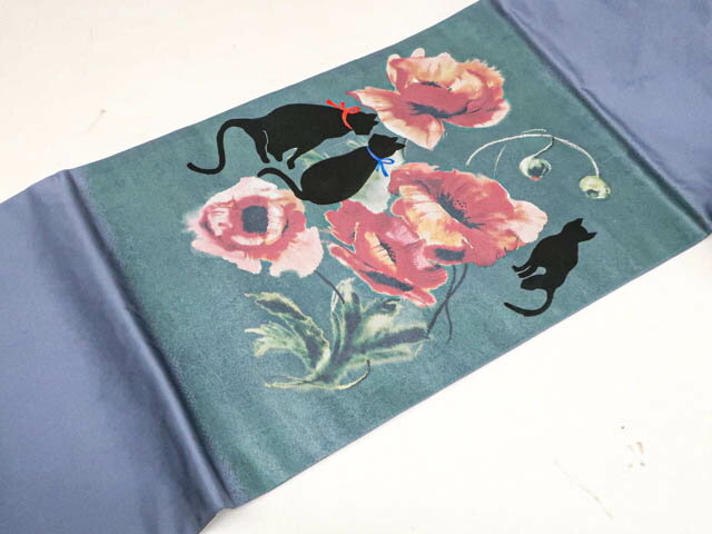 【中古】リサイクル着物 オリジナル 九寸名古屋帯 お太鼓柄 猫 花 正絹 r7b09-143【リサイクル】 IDnet