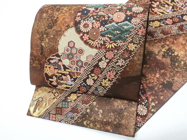 【中古】リサイクル着物 袋帯 六通 金糸 雪輪に花鳥 正絹 25b10-1892【フォーマル リサイ