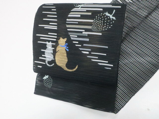 【中古】八寸名古屋帯 オリジナル 太鼓柄 夏物 夏 猫に苺 金彩 開き仕立て 正絹 r7b10-182【リサイクル】 IDnet