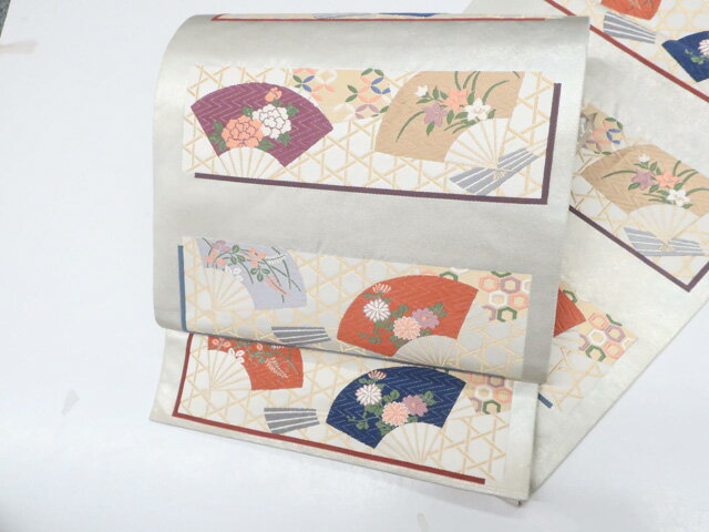【中古】袋帯 六通柄 扇子 花 金糸 正絹 25b10-1972【フォーマル リサイクル帯 入学式 卒業式 結婚式 母 七五三 お宮参り パーティー 通販 アイディーネット きもの】 IDnet