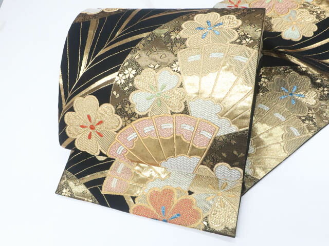 【中古】袋帯 扇に桜 六通柄 金糸 正絹 25b10-2095【リサイクル】 IDnet