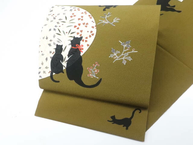 Nagoya Sash - 【中古】九寸名古屋帯 オリジナル お太鼓柄 開き仕立て ネコ 猫 正絹 r7b11-203[リサイクル着物 仕立て上がり 和服 アウトレット カジュアル カジュアル帯 リサイクル帯 着付け教室 観劇 普段着 お食事会 お出掛け 通販 アイディーネット きもの] IDnet