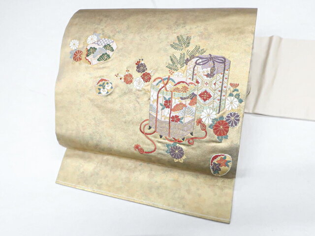 【中古】九寸名古屋帯 太鼓柄 金糸 貝桶 正絹 美品 25b11-2218【リサイクル】 IDnet