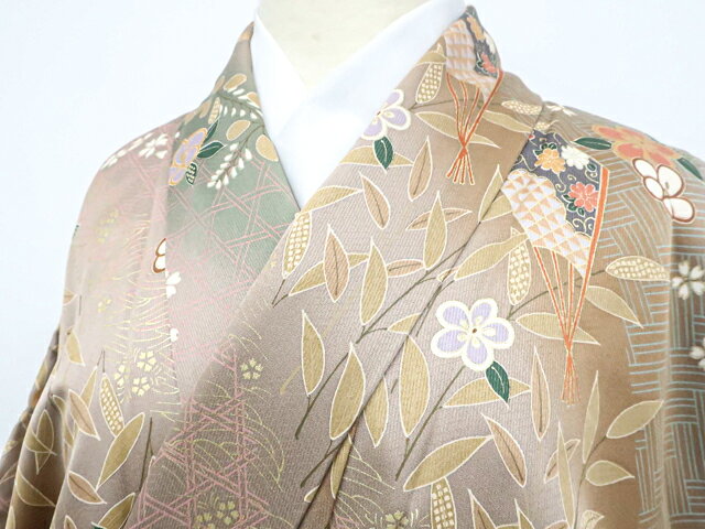 【中古】リサイクル着物 小紋 金彩 ぼかし 花・萩と扇子 正絹 着物 身丈約157cm 裄丈65cm 25z11-6271【リサイクル】 IDnet